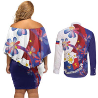Philippines Sun Plumeria Floral Couples Matching Off Shoulder Short Dress and Long Sleeve Button Shirt Unique Stylized