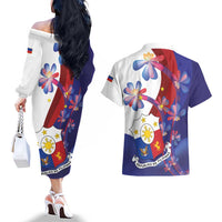 Philippines Sun Plumeria Floral Couples Matching Off The Shoulder Long Sleeve Dress and Hawaiian Shirt Unique Stylized