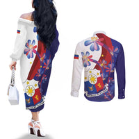 Philippines Sun Plumeria Floral Couples Matching Off The Shoulder Long Sleeve Dress and Long Sleeve Button Shirt Unique Stylized