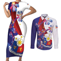 Philippines Sun Plumeria Floral Couples Matching Short Sleeve Bodycon Dress and Long Sleeve Button Shirt Unique Stylized
