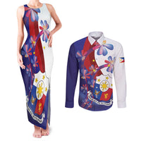 Philippines Sun Plumeria Floral Couples Matching Tank Maxi Dress and Long Sleeve Button Shirt Unique Stylized