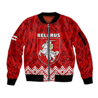 Custom Belarus 1991 Sleeve Zip Bomber Jacket Belarusian Coat Of Arms Mix Folk Pattern - Wonder Print Shop
