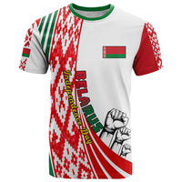White crewneck T-shirt with red/green pixel Belarus flag graphic and Belarus lettering