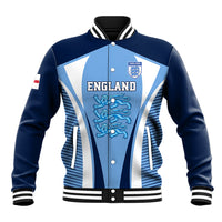 Unisex blue football baseball jacket with white panel stripes, snap front and England crest