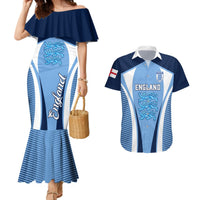Couples matching blue mermaid dress and Hawaiian shirt with England lion crest