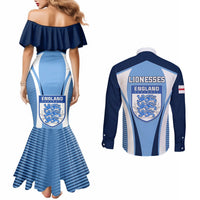 Back view of blue mermaid dress and matching long-sleeve button shirt with lionesses print