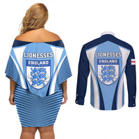 England Football Couples Matching Off Shoulder Short Dress and Long Sleeve Button Shirts Lionesses Blue Sporty Style - Wonder Print Shop