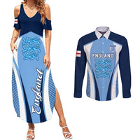 Blue maxi dress and long-sleeve button shirt set with England lioness crest and stripes