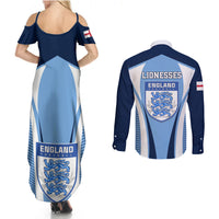 Back view blue maxi dress and long-sleeve button shirt with Lionesses England crest and stripes
