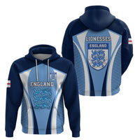 Blue pullover hoodie front and back views with England crest, Lionesses logo, stripes.