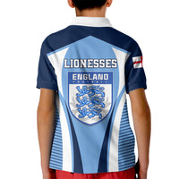 Kids England Lionesses blue polo, back shows Lionesses text, crest and striped panel