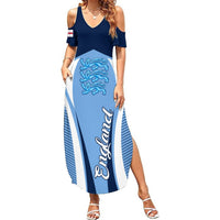 Blue off-shoulder maxi dress with cold-shoulder cutouts, Lion graphic and stripes