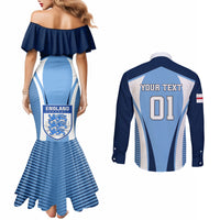Off-shoulder mermaid dress and blue football button shirt, back 'YOUR TEXT 01'