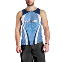 Men's blue England football tank top with England wordmark and lion crest