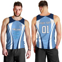 Men's blue England football tank top, front crest and back 'YOUR TEXT' 01