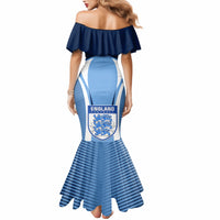 Blue off-shoulder mermaid dress with England badge front and striped skirt