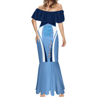 Blue off-shoulder mermaid dress with lion crest panel and striped flared hem