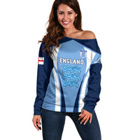 Personalised England Football Off Shoulder Sweater Lionesses Blue Sporty Style - Wonder Print Shop