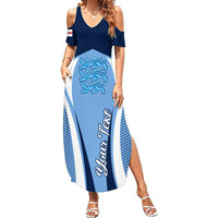 Women’s blue off-shoulder maxi dress with white stripes, lion crest and Lioness graphic