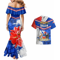 Blue off-shoulder ruffled mermaid dress and matching Hawaiian shirt, Chilean text