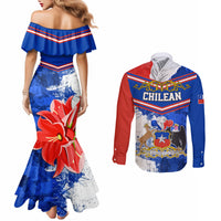 Couples mermaid dress and button shirt set, blue off-shoulder ruffle and hood