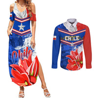 Chile-themed matching sleeveless maxi dress and long-sleeve button shirt, blue red print