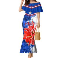 Women’s blue mermaid dress with off-shoulder ruffle, red stripe, star and Chile flower print