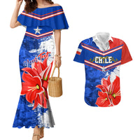 Matching blue mermaid dress and Hawaiian shirt set, floral Chilean graphics and ruffle hems