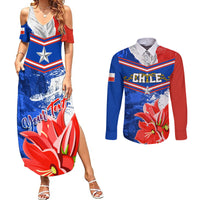 Blue maxi dress with off-shoulder sleeves, red/blue chevrons, flower and skyline print