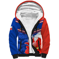 Unisex blue red sherpa hoodie with white fleece-lined hood and front graphic panel