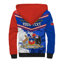 Unisex red and blue sherpa hoodie, back graphic with 'YOUR TEXT' and striped yoke