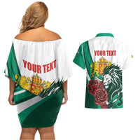 Bulgaria Couples Matching Off Shoulder Short Dress and Hawaiian Shirt Coat of Arms Lion with Roses - Wonder Print Shop