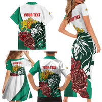 Bulgaria Family Matching Short Sleeve Bodycon Dress and Hawaiian Shirt Coat of Arms Lion with Roses - Wonder Print Shop