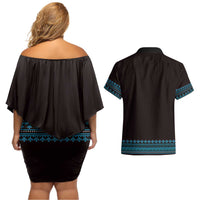 Bulgaria Traditional Pattern Blue Couples Matching Off Shoulder Short Dress and Hawaiian Shirt Balkan Culture - Wonder Print Shop