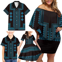 Bulgaria Traditional Pattern Blue Family Matching Off Shoulder Short Dress and Hawaiian Shirt Balkan Culture - Wonder Print Shop