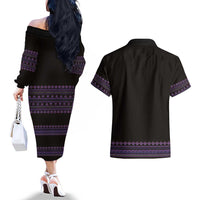 Bulgaria Traditional Pattern Purple Couples Matching Off The Shoulder Long Sleeve Dress and Hawaiian Shirt Balkan Culture - Wonder Print Shop