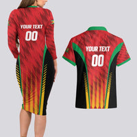 Custom Amazon Warriors Guyana Cricket Couples Matching Long Sleeve Bodycon Dress and Hawaiian Shirt Ready For Glory Red Version - Wonder Print Shop