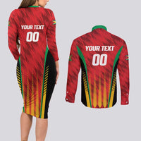 Custom Amazon Warriors Guyana Cricket Couples Matching Long Sleeve Bodycon Dress and Long Sleeve Button Shirt Ready For Glory Red Version - Wonder Print Shop