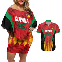 Custom Amazon Warriors Guyana Cricket Couples Matching Off Shoulder Short Dress and Hawaiian Shirt Ready For Glory Red Version - Wonder Print Shop
