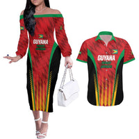 Custom Amazon Warriors Guyana Cricket Couples Matching Off The Shoulder Long Sleeve Dress and Hawaiian Shirt Ready For Glory Red Version - Wonder Print Shop