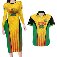 Custom Amazon Warriors Guyana Cricket Couples Matching Long Sleeve Bodycon Dress and Hawaiian Shirt Ready For Glory Yellow Version - Wonder Print Shop