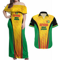 Custom Amazon Warriors Guyana Cricket Couples Matching Off Shoulder Maxi Dress and Hawaiian Shirt Ready For Glory Yellow Version - Wonder Print Shop