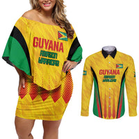 Custom Amazon Warriors Guyana Cricket Couples Matching Off Shoulder Short Dress and Long Sleeve Button Shirt Ready For Glory Yellow Version - Wonder Print Shop
