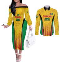 Custom Amazon Warriors Guyana Cricket Couples Matching Off The Shoulder Long Sleeve Dress and Long Sleeve Button Shirt Ready For Glory Yellow Version - Wonder Print Shop