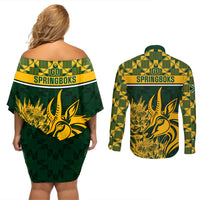 South Africa Rugby Couples Matching Off Shoulder Short Dress and Long Sleeve Button Shirts Go Springboks African Pattern - Wonder Print Shop