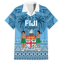 Blue Fiji Rugby short-sleeve shirt with white collar and central crest graphic
