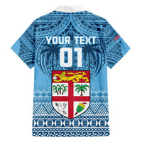 Blue back Fiji Rugby shirt with large crest and 'YOUR TEXT' panel