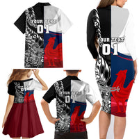 Custom New Zealand And France Rugby Family Matching Long Sleeve Bodycon Dress and Hawaiian Shirt XV de France Kiwi Silver Fern 2023 World Cup - Wonder Print Shop