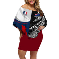 Custom New Zealand And France Rugby Family Matching Off Shoulder Short Dress and Hawaiian Shirt XV de France Kiwi Silver Fern 2023 World Cup - Wonder Print Shop
