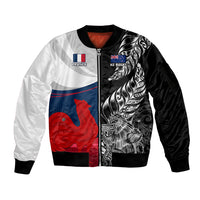 Custom New Zealand And France Rugby Sleeve Zip Bomber Jacket XV de France Kiwi Silver Fern 2023 World Cup - Wonder Print Shop